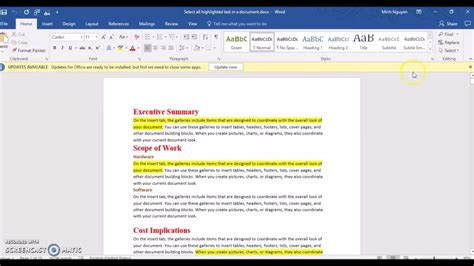 how to select highlighted text in word