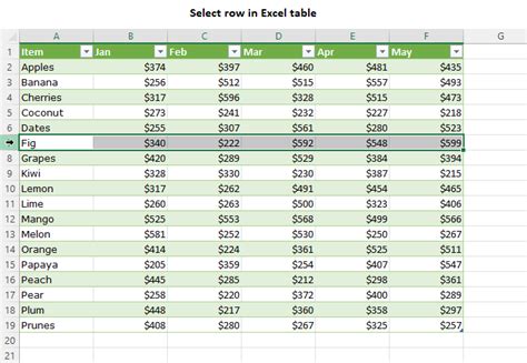 how to select row in excel table