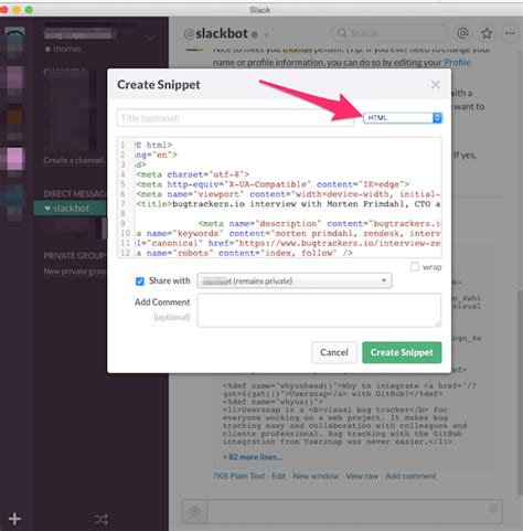 how to send a code snippet in slack