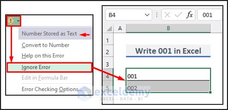 how to set 001 in excel