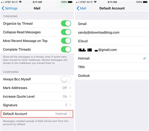 how to set email default on iphone