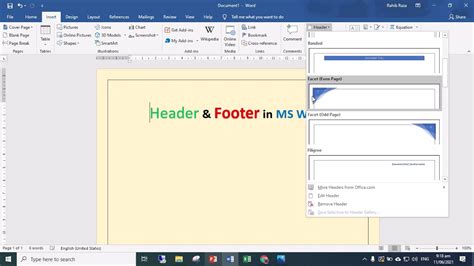 how to set header and footer in word