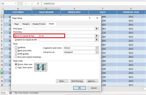 how to set header row in excel for printing