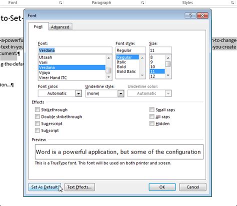 how to set the application default font in word