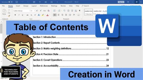 how to set up contents table in word