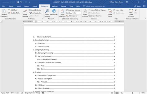 how to set up table of contents in word document