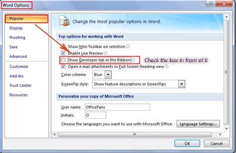 how to show developer tab in word 2007
