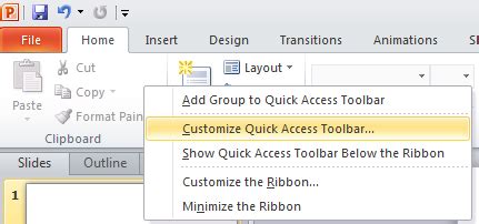 how to show the quick access toolbar in powerpoint 2010