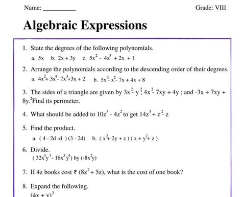 how to solve algebraic expressions class 8