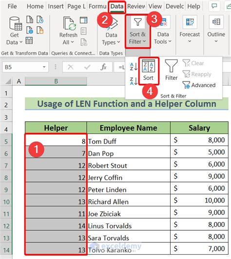 how to sort a column in excel by number of characters