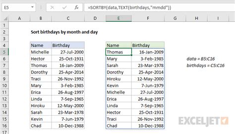 how to sort birthday in excel by month