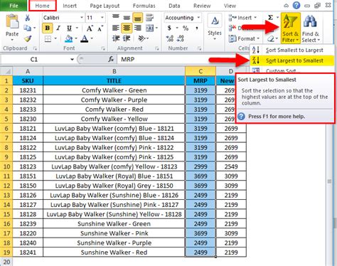how to sort columns in excel