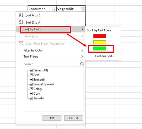 how to sort excel column by cell color