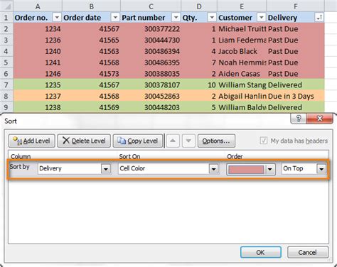 how to sort rows by cell color in excel