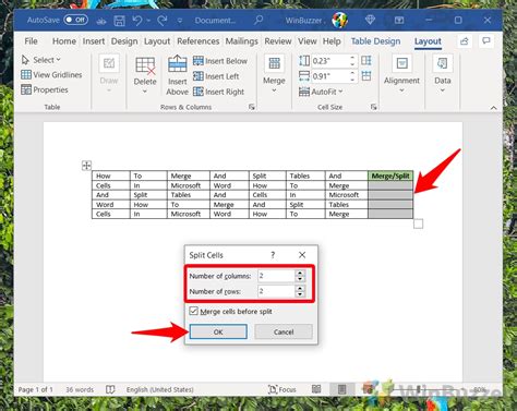 how to split a cell into two rows in word