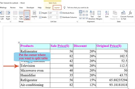 how to split a table in word horizontally