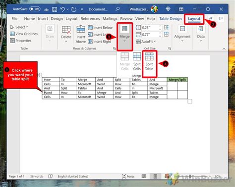 how to split a table in word online