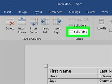 how to split a table in word vertically