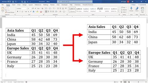how to split a table in word vertically shortcut key