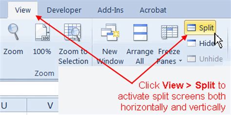 how to split screen in excel