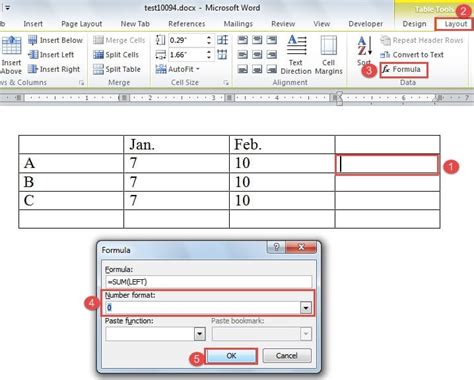 how to sum numbers in table in word