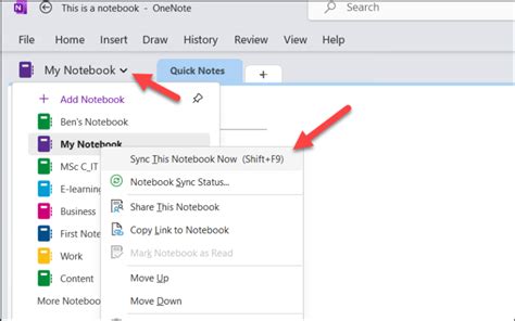 how to sync notebooks in onenote