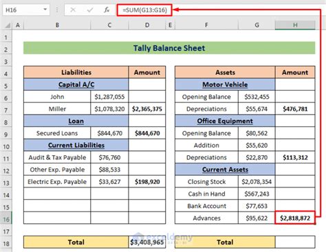 how to tally balance sheet in excel with formula
