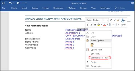 how to toggle field code in word