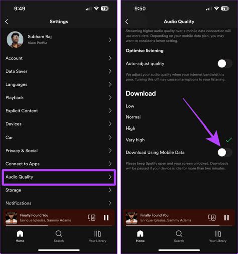how to turn off download using mobile data spotify