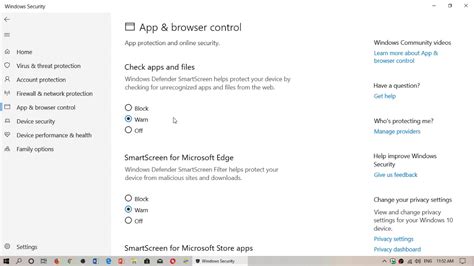 how to turn on app and browser control in windows 10