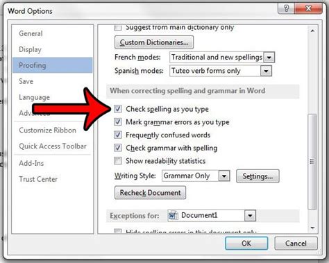 how to turn on auto spell check in word