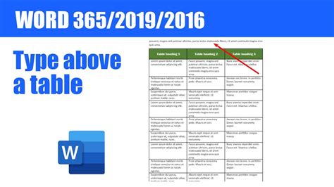 how to type text above a table in word