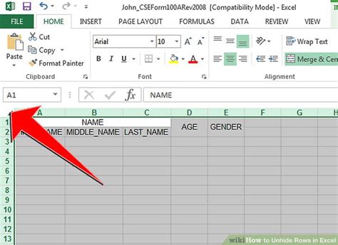 how to unhide rows 1 4 in excel
