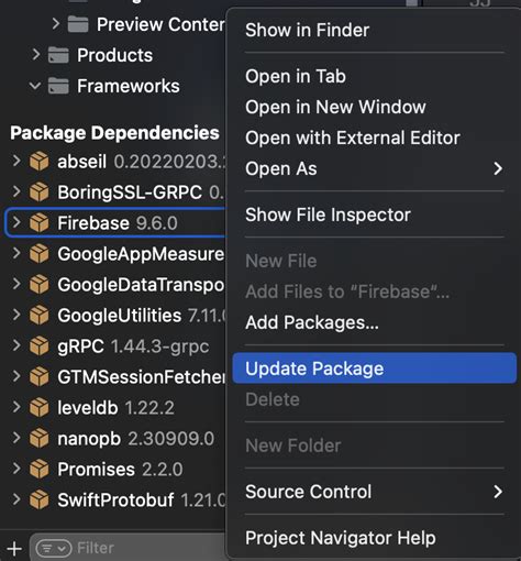 how to update firebase sdk in xcode