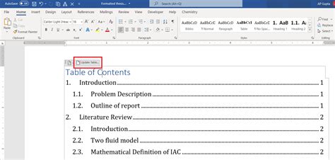 how to update table of contents in word document