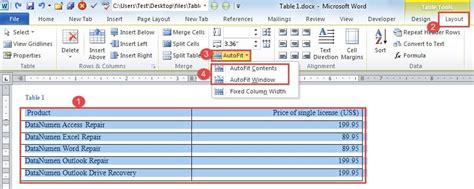 how to use autofit contents in word