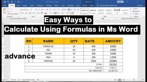 how to use calculation formula in word