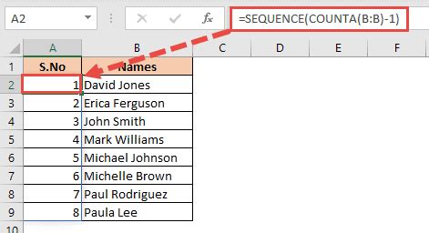 how to use sequence counta function in excel