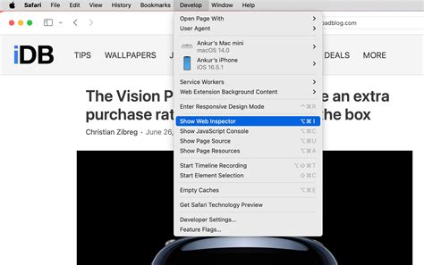 how to use web inspector in safari
