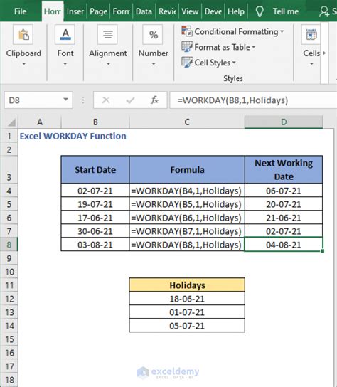how to use workday function in excel with holidays