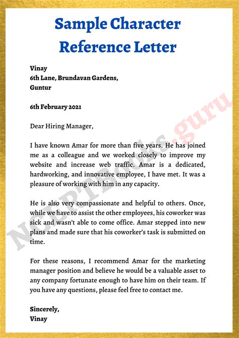 how to write a character reference for a job