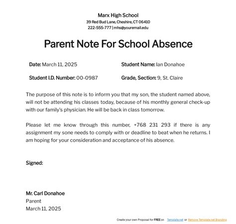 how to write a child sick note for school from parents