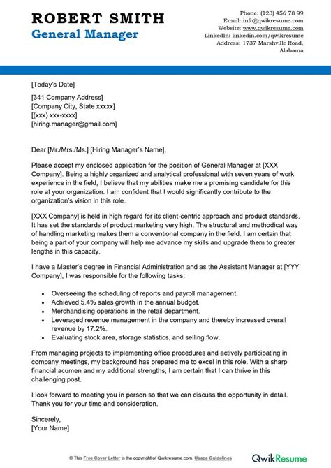 how to write a cover letter for a general manager position