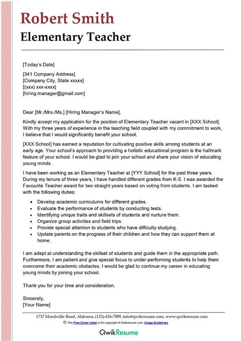 how to write a cover letter for an elementary teaching position
