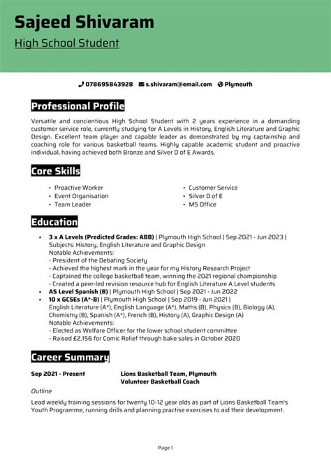 how to write a cv for a school student