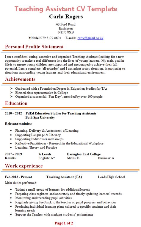 how to write a cv for teaching assistant job