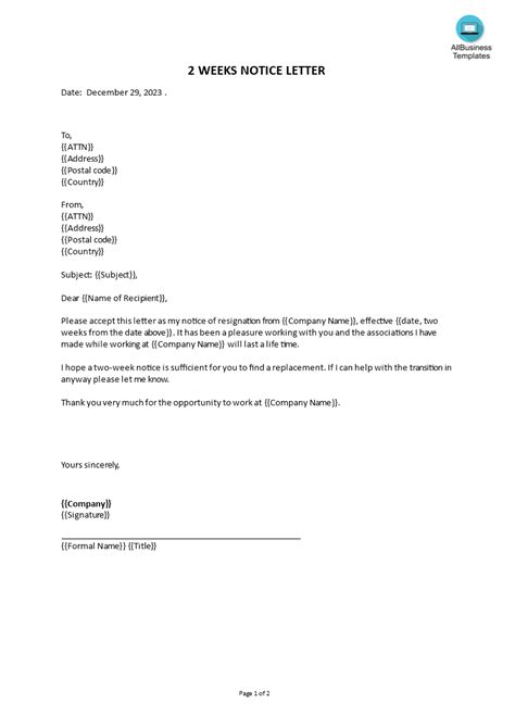how to write a formal 2 week notice email