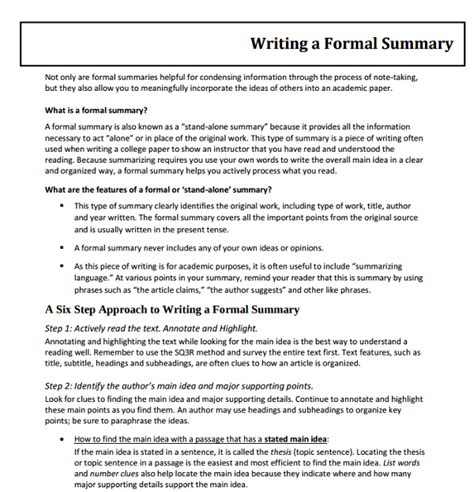 how to write a formal content summary