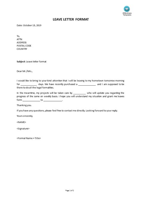 how to write a formal letter for leave