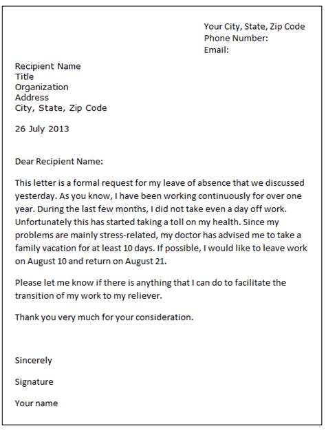 how to write a formal letter for leave of absence